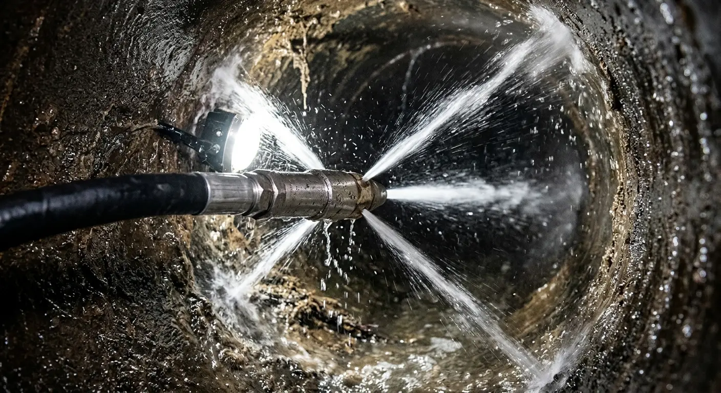 High-pressure hydro jetting nozzle cleaning sewer pipe for Sewer Cleanout in Fox Chapel