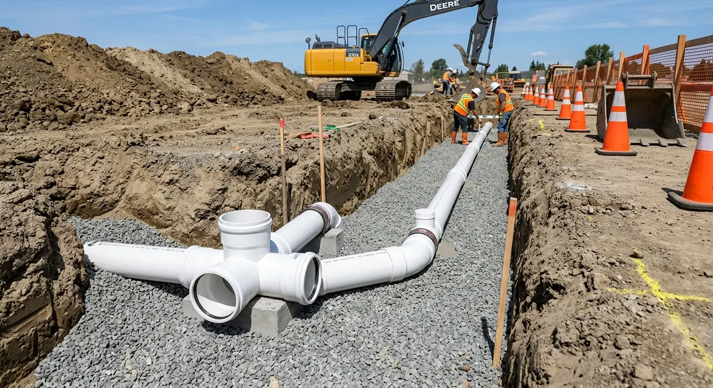 New PVC sewer pipe installation in open trench for Commercial Drain Cleaning in Fox Chapel