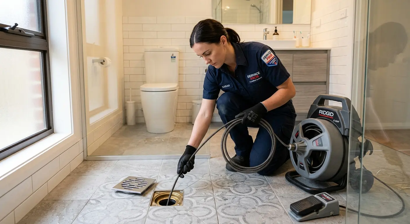 Technician clearing a bathroom floor drain for Sewer Line Replacement in Fox Chapel